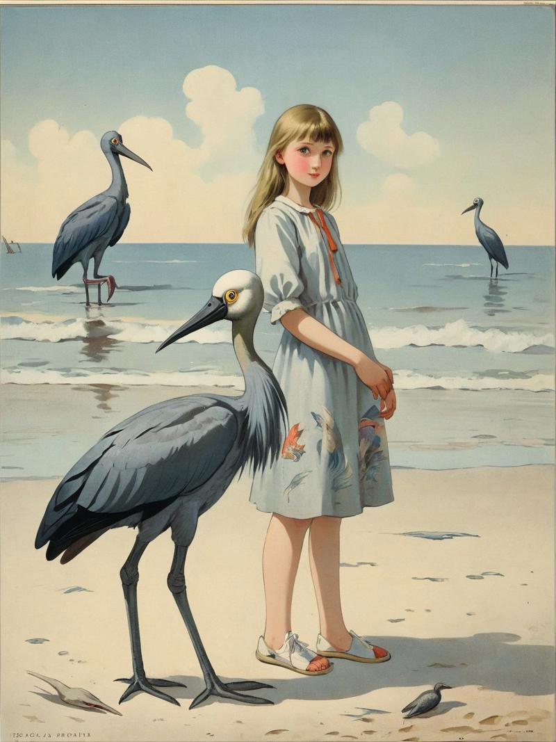 00134-4096874303-a girl on the beach surrounded by Shoebill Stork Russian popular print.jpg